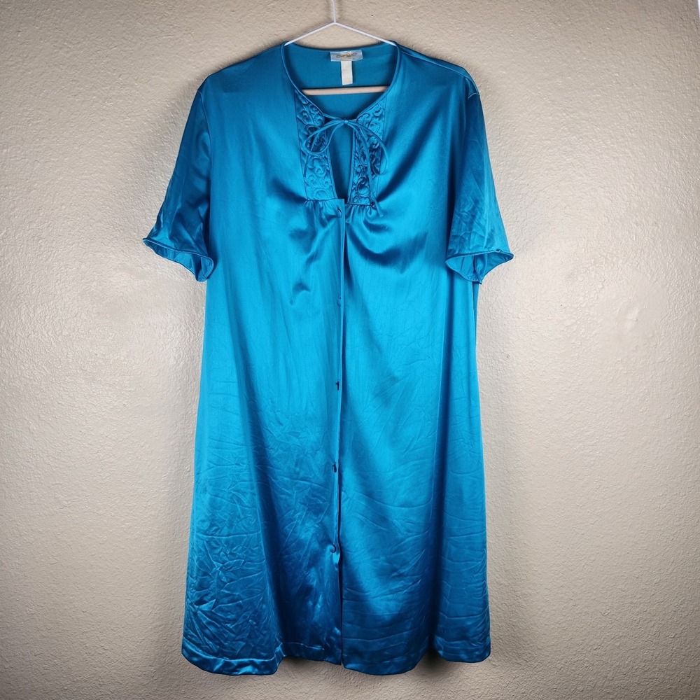 Vintage Montgomery‎ Ward Nightgown Size Large Teal Full Button Pockets